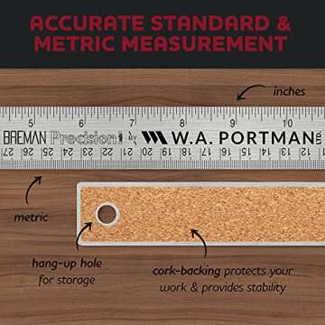 Breman Precision Metal Ruler 12 Inch Cork Back - Stainless Steel Metal Ruler with Cork Backing - Straight Edge 12 inch Flexible Stainless Steel - Imperial & Metric