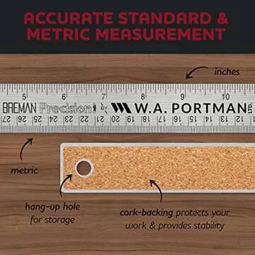 Breman Precision Metal Ruler 12 Inch Cork Back - Stainless Steel Metal Ruler with Cork Backing - Straight Edge 12 inch Flexible Stainless Steel - Imperial & Metric