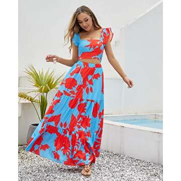 Two-Piece Women Floral Maxi Flowy Skirt Set Dress Romper Square Neck/One Shoulder Aline Club Night O...