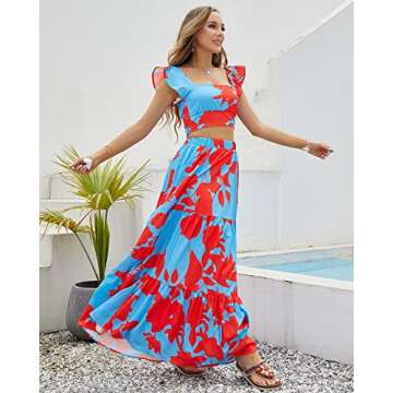 Two-Piece Women Floral Maxi Flowy Skirt Set Dress Romper Square Neck/One Shoulder Aline Club Night Out Summer Casual Vacation Beach (Sexy Crop Top+Floor Length Skirt Sets)