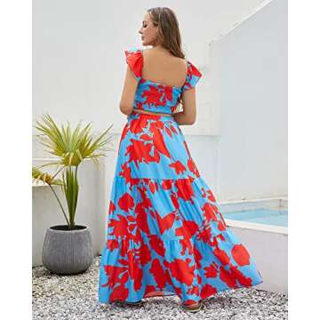 Two-Piece Women Floral Maxi Flowy Skirt Set Dress Romper Square Neck/One Shoulder Aline Club Night Out Summer Casual Vacation Beach (Sexy Crop Top+Floor Length Skirt Sets)