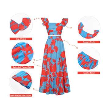 Two-Piece Women Floral Maxi Flowy Skirt Set Dress Romper Square Neck/One Shoulder Aline Club Night Out Summer Casual Vacation Beach (Sexy Crop Top+Floor Length Skirt Sets)