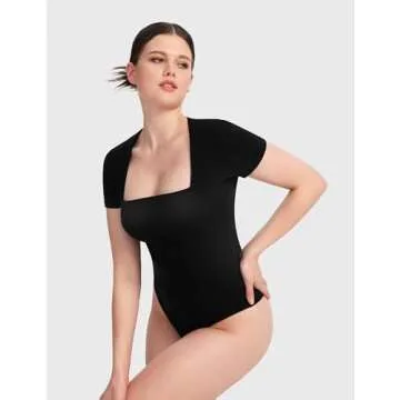 PUMIEY Square Neck Bodysuits For Women Short Sleeve Body Suit Slimming Going Out Tops Womens Clothing Jet Black,Small