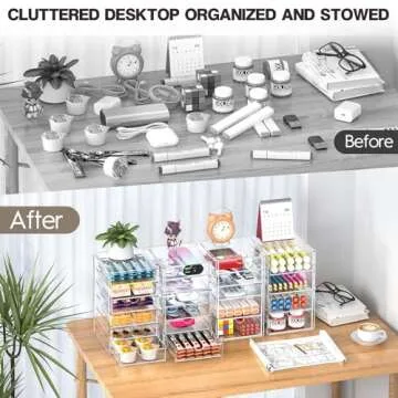 AMALEKO Acrylic Drawer Organizers - 21 Drawers 4 Set - Clear Storage Drawers for Office Supplies - Stackable Makeup Organizer - Dustproof Desk Organizers for Makeup, Jewelry, Pen, Stationary
