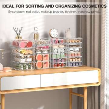 AMALEKO Acrylic Drawer Organizers - 21 Drawers 4 Set - Clear Storage Drawers for Office Supplies - Stackable Makeup Organizer - Dustproof Desk Organizers for Makeup, Jewelry, Pen, Stationary