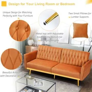 ACMEASE 70” Velvet Futon Sofa Bed w/Adjustable Armrests & 2 Pillows, Convertible Futon Couch w/Adjustable Backrests, Modern Sleeper Bed for Living Room, Bedroom, Orange