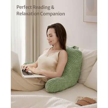 Blissful Diary Reading Pillow, Stylish Bed Pillow with Shredded Memory Foam for Adult Children Backrest, Back Pillow for Bed & Couch Sitting Up with Arms & Pockets & Washable Cover (Sage Green)