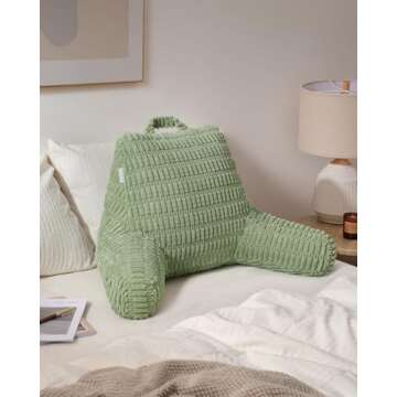 Blissful Diary Reading Pillow, Stylish Bed Pillow with Shredded Memory Foam for Adult Children Backrest, Back Pillow for Bed & Couch Sitting Up with Arms & Pockets & Washable Cover (Sage Green)