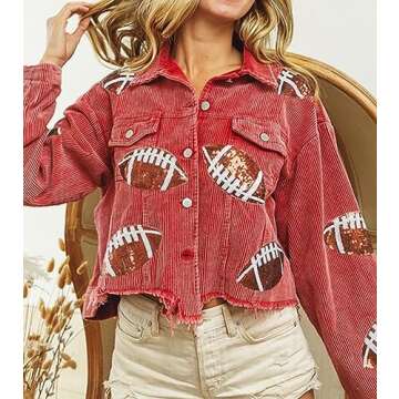 ELLENWELL Womens Cropped Corduroy Jacket Vintage Patched Football Sequin Shacket Jacket (Red-M)