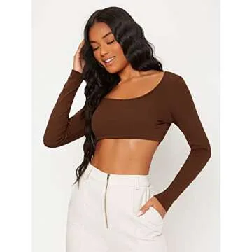 SOLY HUX Long Sleeve Crop Tops for Women Sexy Scoop Neck Rib Knitted Workout Basic Tees Slim Fitted Cropped T Shirts Coffee Brown M