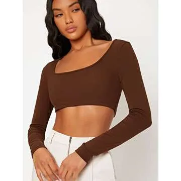 SOLY HUX Long Sleeve Crop Tops for Women Sexy Scoop Neck Rib Knitted Workout Basic Tees Slim Fitted Cropped T Shirts Coffee Brown M