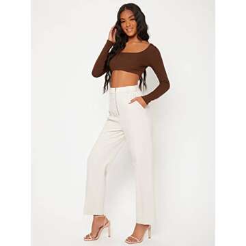 SOLY HUX Long Sleeve Crop Tops for Women Sexy Scoop Neck Rib Knitted Workout Basic Tees Slim Fitted Cropped T Shirts Coffee Brown M