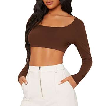 SOLY HUX Long Sleeve Crop Tops for Women Sexy Scoop Neck Rib Knitted Workout Basic Tees Slim Fitted Cropped T Shirts Coffee Brown M