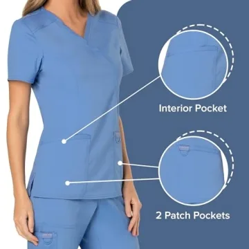 Cherokee Mock Wrap Scrub Top for Women with 3 Pockets