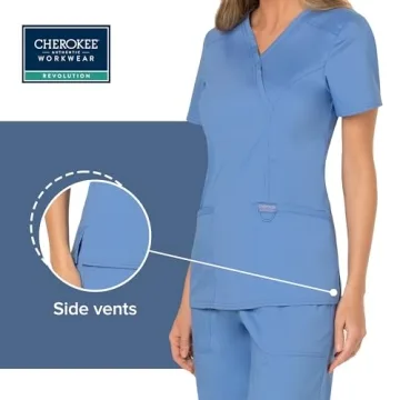 Cherokee Mock Wrap Scrub Top for Women with 3 Pockets