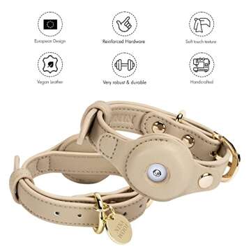 NINA WOOF Cupertino Dog Collars, Harnesses & Leashes Made from Vegan Leather with Dog Tracker Device Holder Adjustable Dog Collar (Extra Small, Beige)