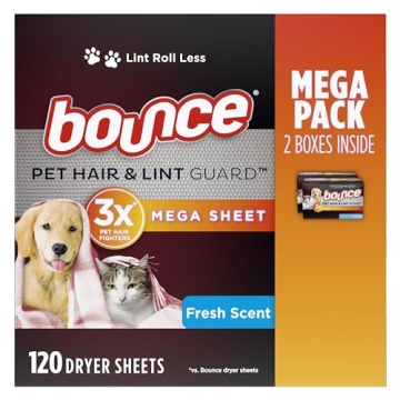 Bounce Pet Hair and Lint Guard Mega Dryer Sheets for Laundry, 3X Pet Hair Fighters, 120 Count, Fresh...