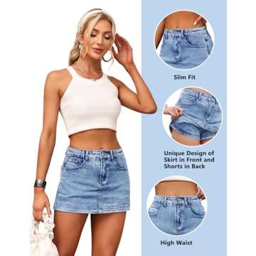 BISUAL Denim Skort for Women High Waist Mini Denim Skirt Casual Stretch Women Jean Skirt with Pockets