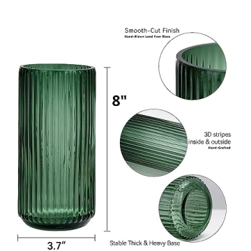 DECORPIA 8 Inch Thickened Green Ribbed Glass Vase