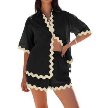 Danedvi Womens 2 Piece Outfits Beach Vacation Summer Short Sleeve Button Down Shirts and Shorts Loun...