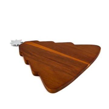 Nambe Christmas Tree Cheeseboard with Star-Shaped Spreader - 14.5-Inch Acacia Wood Serving Tray, Sil...