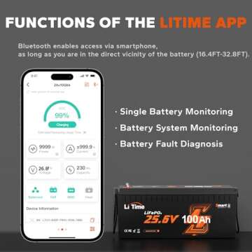 LiTime 24V 100Ah Bluetooth LiFePO4 Battery, Low-Temp Protection, 4000+ Cycles with 100A BMS, Max. 25...