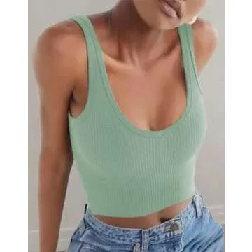Artfish Women's Sleeveless Shirt Ribbed Fitted Scoop Neck Basic Crop Tank Top Cotton Light Green, S