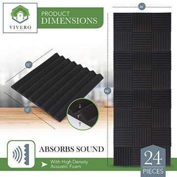 24 Pack Acoustic Foam Panels 1”x 12”x 12” Inches–Black Sound Proof Wall Panels are Easy to I...