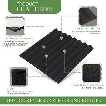 24 Pack Acoustic Foam Panels 1”x 12”x 12” Inches–Black Sound Proof Wall Panels are Easy to Install, Self-Adhesive, and Fire-Resistant High-Density Sound-Absorbing Panels for Studio and Home