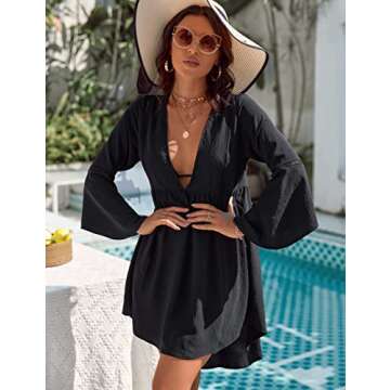 Blooming Jelly Womens Swimsuit Coverup V Neck Chiffon Bathing Suit Beach Dress Flowy Swim Bikini Cover Up Black