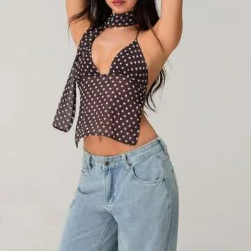 Y2k Girls Cute Polka Dot Cami Tops Women Sexy Summer Camisole Crop Top Backless Coquette Halter Neck Shirt (Coffee #D, L)