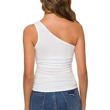 One Shoulder Sleeveless Tank Tee - Missufeintl Women's Fitted Top Shirt (White, Medium)