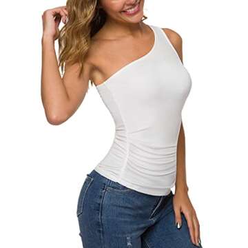 One Shoulder Sleeveless Tank Tee - Missufeintl Women's Fitted Top Shirt (White, Medium)