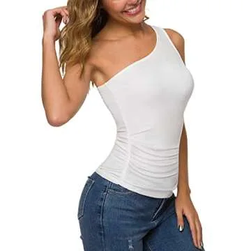 One Shoulder Sleeveless Tank Tee - Missufeintl Women's Fitted Top Shirt (White, Medium)