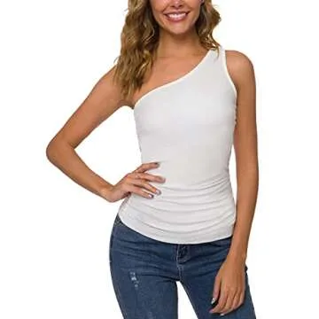 One Shoulder Sleeveless Tank Tee - Missufeintl Women's Fitted Top Shirt (White, Medium)