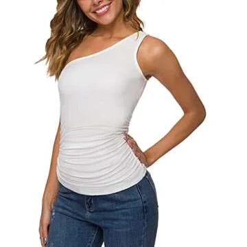 One Shoulder Sleeveless Tank Tee - Missufeintl Women's Fitted Top Shirt (White, Medium)