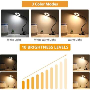 iVict Desk Lamp Clip on Light, 48 LEDs USB Clip Book Light with 3 Color Modes 10 Dimmable Brightness, Eye Protection Desk Light, 360° Flexible Gooseneck for Desk Headboard Reading
