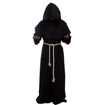 Friar Medieval Hooded Monk Renaissance Priest Robe Costume Cosplay Black