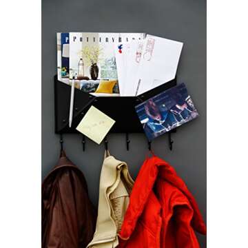 WALLNITURE Envelope Mail Holder Entryway Coat Key Rack with 6 Hooks Steel Black 13 Inch