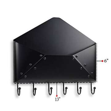 WALLNITURE Envelope Mail Holder Entryway Coat Key Rack with 6 Hooks Steel Black 13 Inch