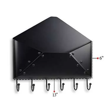 WALLNITURE Envelope Mail Holder Entryway Coat Key Rack with 6 Hooks Steel Black 13 Inch