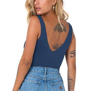 REORIA Women's Summer Sexy Plunge Deep V Neck Sleeveless Double Lined One Piece Tank Tops Thong Body...