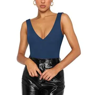 REORIA Women's Summer Sexy Plunge Deep V Neck Sleeveless Double Lined One Piece Tank Tops Thong Bodysuits Leotards for Going Out Deep Blue Small