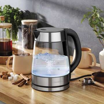 Speed-Boil Electric Kettle For Coffee & Tea - 1.7L Water Boiler 1500W, Borosilicate Glass, Easy Clea...