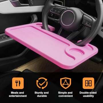 Dickno Car Steering Wheel Desk, Multipurpose Auto Steering Wheel Tray with Drink Holder, Steering Wheel Food Tray for Eating, Universal Vehicle Travel Accessories for Constant Travelers (Pink)
