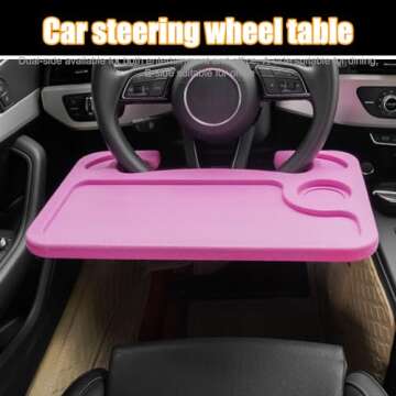 Dickno Car Steering Wheel Desk, Multipurpose Auto Steering Wheel Tray with Drink Holder, Steering Wheel Food Tray for Eating, Universal Vehicle Travel Accessories for Constant Travelers (Pink)