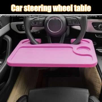 Dickno Car Steering Wheel Desk, Multipurpose Auto Steering Wheel Tray with Drink Holder, Steering Wheel Food Tray for Eating, Universal Vehicle Travel Accessories for Constant Travelers (Pink)