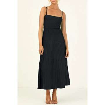Uusollecy Women's Ribbed Knit Adjustable Spaghetti Straps Square Neck Summer Party Maxi Long Dress Black L
