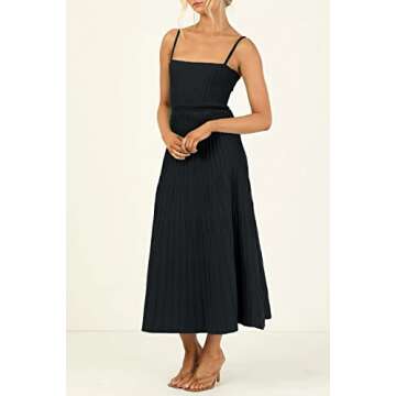 Uusollecy Women's Ribbed Knit Adjustable Spaghetti Straps Square Neck Summer Party Maxi Long Dress Black L