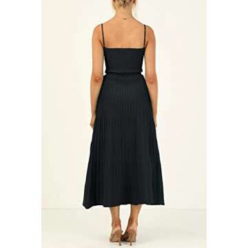 Uusollecy Women's Ribbed Knit Adjustable Spaghetti Straps Square Neck Summer Party Maxi Long Dress Black L